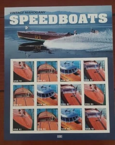 Vintage Mahogany Speedboats Sheet of 12 Stamps - Picture 1 of 2