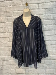 Vintage Natori II Neiman Marcus Navy Pinstriped Lace Trim Kimono Sleeve Top Sz M - Bild 1 von 9