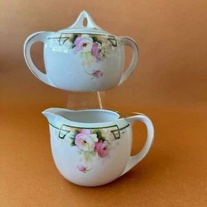 Vintage Nippon Porcelain Sugar Bowl & Creamer Art Deco-Style Pink Roses c. 1940 - Picture 1 of 19