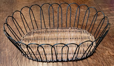 Vintage Wicker Bottom Black Metal Basket 4” High 14" Long Bread, Fruit, Plants Cover