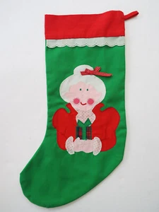 Vintage Mrs Claus Cotton Christmas Stocking Green and Red Bow 20" Handmade? - Picture 1 of 4