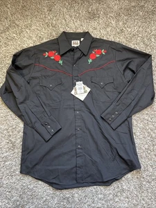 NWT Vintage Ely Cattleman Western Shirt L Black Red Rose Embroidered Snap Rodeo - Picture 1 of 14