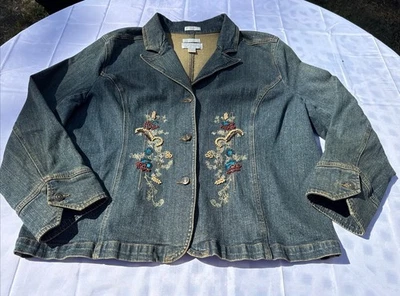 CJ Banks Denim Hand Embroidered Jacket Women’s Stretch 1XL Preowned Flaw - Image 1 of 4