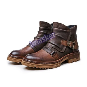 Retro Men's Pleated Motorcycle Buckle Real Leather Ankle Boots Work Shoes Zipper - Picture 1 of 29