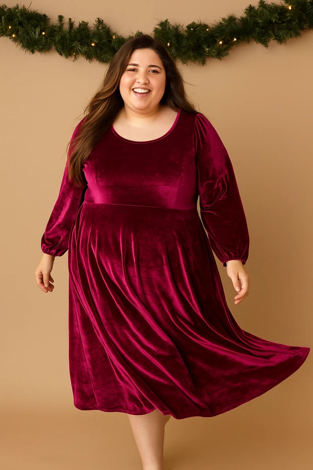 Vestido Midi Terciopelo Talla 3X Rosa Borgoña Manga Larga Vacaciones Navidad Cachicho Foto 1 de 4