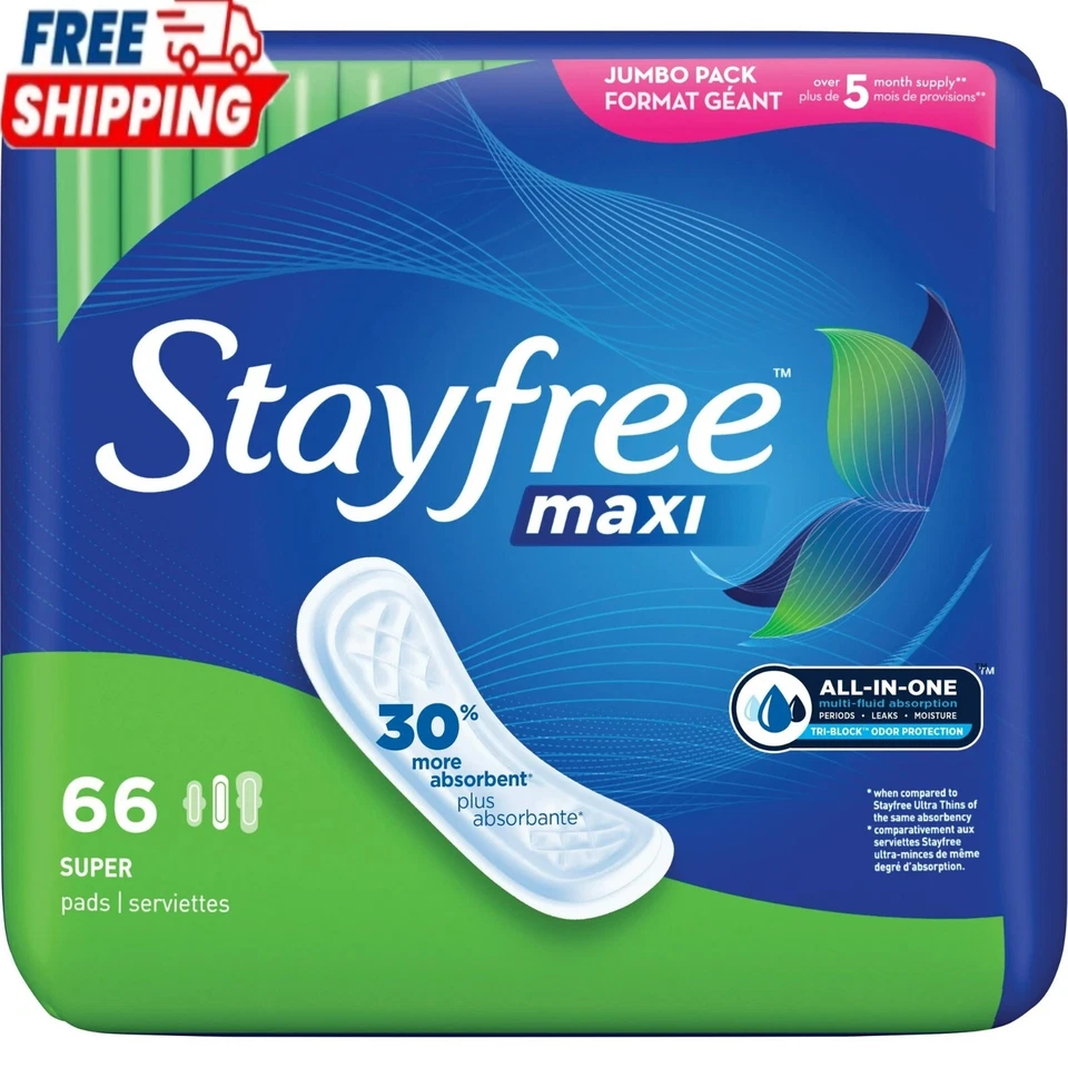 Maxi almohadillas Stayfree para mujer, absorción súper protección - 66 unidades Foto 1 de 4