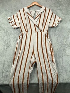 Lush Jumpsuit One Piece Womens Medium Beige Brown Striped Collard Short Sleeve - Picture 1 of 9