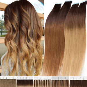 Russian Tape In Human Hair Extensions Weft Full Head 100% Real Thick Ombre 20pcs