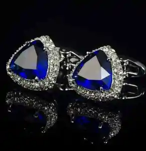 Men's Cufflinks 4.00 Ct Lab Created Sapphire Blue 14K White Gold Plated Silver - Picture 1 of 5