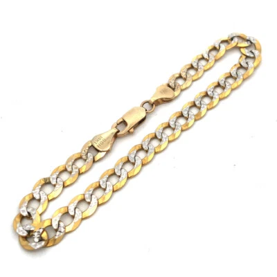 Designer 10K Yellow White Gold Diamond Cut Two Toned Flat Curb Link Bracelet - Image 1 of 4