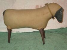 Primitive FOLK ART SHEEP Hand Made Stuffed Linen Fabric w Wooden stick Legs 12"