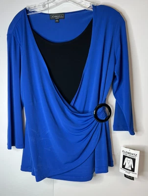 Elementz Petite Large PL Royal Blue Blouse 2-FER Twinset 3/4 Sleeve Ruched NWT - Image 1 of 4