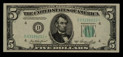 FR 1962-D* $5 1950 A Federal Reserve Note US - Star Note - VF+/XF - SKU-CA1274 - Image 1 of 2