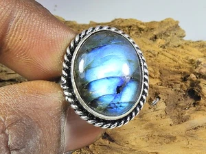 Natural Blue Labradorite Gemstone 925 Solid Sterling Silver Ring Size US-8 a829 - Picture 1 of 10