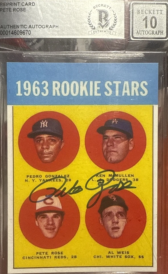 1963 Topps (reimpresión) Pete Rose, McMullen, Weis #537 (RC) auténtico automático 10 💎 Foto 1 de 4