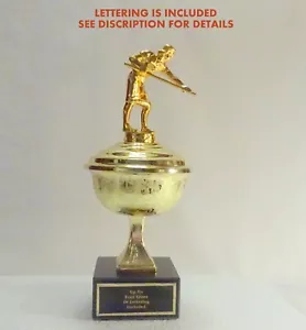 FEMALE BILLIARDS POOL PLAYER VINTAGE METAL FIGURE & CUP BLACK MARBLE BASE - Picture 1 of 5