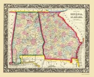 Historic State Map - Georgia Alabama - Mitchell 1860 - 23 x 27.85 - Picture 1 of 20
