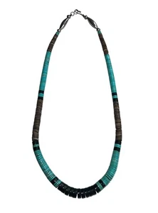 Santo Domingo Native American Heishi Bead Turquoise Onyx Shell Sterling Necklace - Picture 1 of 2