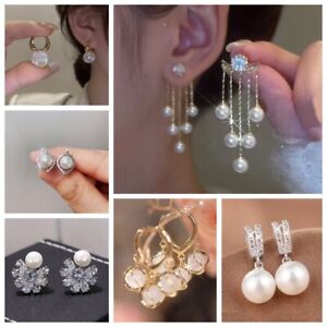 925 Silver Drop Earrings Elegant White Pearl Jewelry Women Engagement Earrings