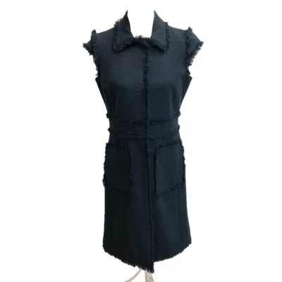 W By Worth Twill Sheath Dress Womens 4 Black Button Cap Sleeve Fringe Career  - Image 1 of 4