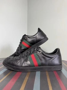 Authentic Gucci Black Leather Web Low Top Sneakers Size 42 - Picture 1 of 19