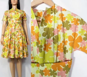Vintage 50s/60s Flower Power Print Cotton Dolman Sleeve Dress Size XXS 24 Waist - Picture 1 of 10