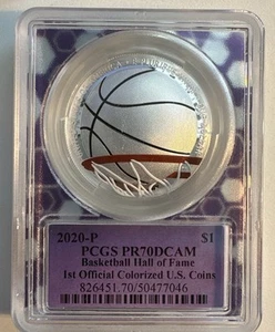 2020 P BASKETBALL HOF COMMEMORATIVE SILVER DOLLAR PCGS PR70DCAM - Picture 1 of 2