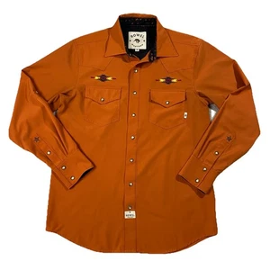 Rowel Western 4-Way Stretch Long Sleeve Pearl Snap Embroidered Orange Men’s M - Picture 1 of 18