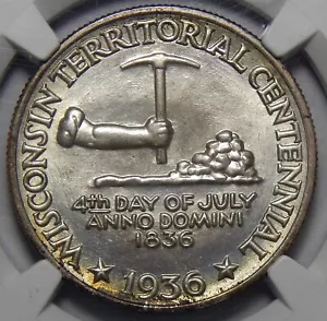 1936 NGC MS67 WISCONSIN CENTENNIAL COMMEMORATIVE HALF DOLLAR - Picture 1 of 4