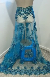 TURQUOISE Beaded Sequins Embroidery Bridal Lace Fabric 50” Width 1 Yard - Picture 1 of 4
