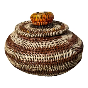 Brown And Gray Rings Woven Basket With Top - Picture 1 of 14