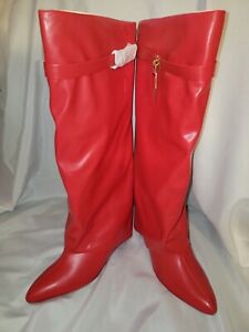 Fold Over Skirted Knee Boots 3" Wedge Heel Pull On Half Zipper RED