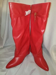 Fold Over Skirted Knee Boots 3" Wedge Heel Pull On Half Zipper RED - Picture 1 of 8