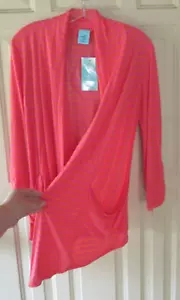 Womens Medium Pink Orange Striped Cardigan Pockets 3/4 Sleeve Lightweight NWT - Picture 1 of 9
