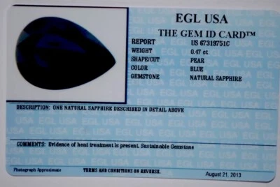EGL USA TESTED&CERTIFIED NATURAL PEAR CUT BLUE SAPPHIRE 0.47CT. - Image 1 of 4