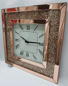 Wall Clock Sparkle 50x50 Rose Gold Crushed Crystal Filled Diamond Gift - Picture 1 of 4