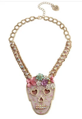 Betsey Johnson Sugar SKULL Flowers RHINESTONE Ribbon Statement Necklace - NWT - Image 1 of 4
