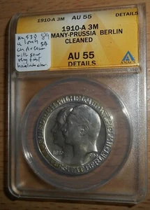 Germany-Prussia 1910-A AU55 with details cleaned 3 marks in ANACS holder - Picture 1 of 5
