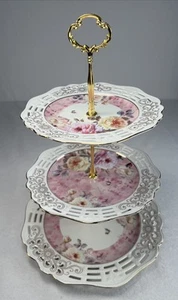 Maison Blanc Tea Time 3-Tier Rosette Floral Server Porcelain Tray Gold Tone EUC - Picture 1 of 15