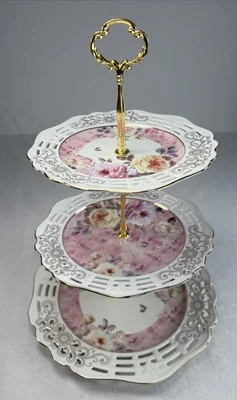 Maison Blanc Tea Time 3-Tier Rosette Floral Server Porcelain Tray Gold Tone EUC - Image 1 of 4