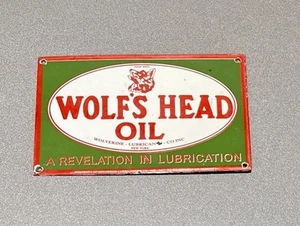 VINTAGE 12” WOLFS HEAD MOTOR PORCELAIN SIGN GAS OIL CAR TRUCK MOTORCYCLE - Picture 1 of 3