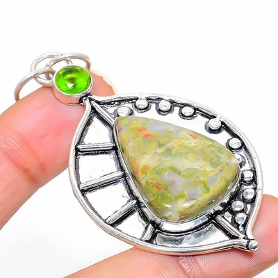 Pendente In Argento Sterling 925 Fatto A Mano In Unakite E Peridoto 2.76" - Immagine 1 di 4