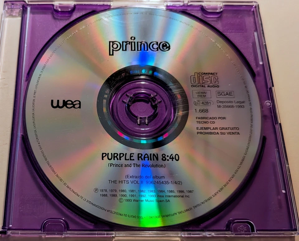 Prince & The Revolution Purple Rain 1993 Spain Promo CD Single 1.668 in Case WEA Foto 1 de 1