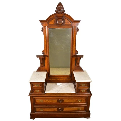 Antique Victorian Burl Walnut Marble Top Drop Center Dresser #21735 Cover