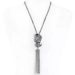 FASHION CHAIN NECKLACE 30 INCHES LARGE ROCK PENDANT 8 INCHES CLEAR GREY CRYSTALS - Picture 1 of 1
