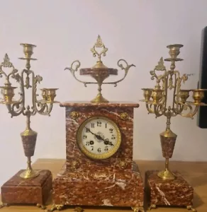 Attractive Marble French Mantel Clock With Candlesticks Holders - Picture 1 of 23