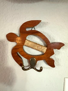 Wall Mounted Brass, Wood and Rope Sea Turtle Coat Hanger - Picture 1 of 6