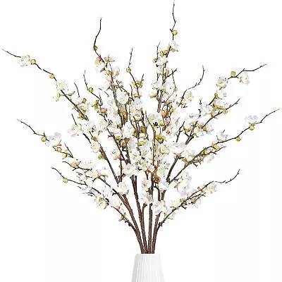 Artificial Plum Blossom Flowers 4 Pcs Faux Cherry Blossom Stems Faux Silk Plu... - Image 1 of 4