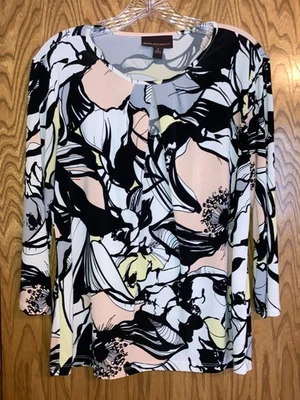 Blusa Dana Buchman Mujer L Negra Rosa Cuello Cerradura Elastizada Tejida Manga 3/4 Foto 1 de 4