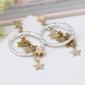 POM Hammered Silver Plated Hoop Earrings With Gold Stars - Free Organza Bag - Picture 1 of 4
